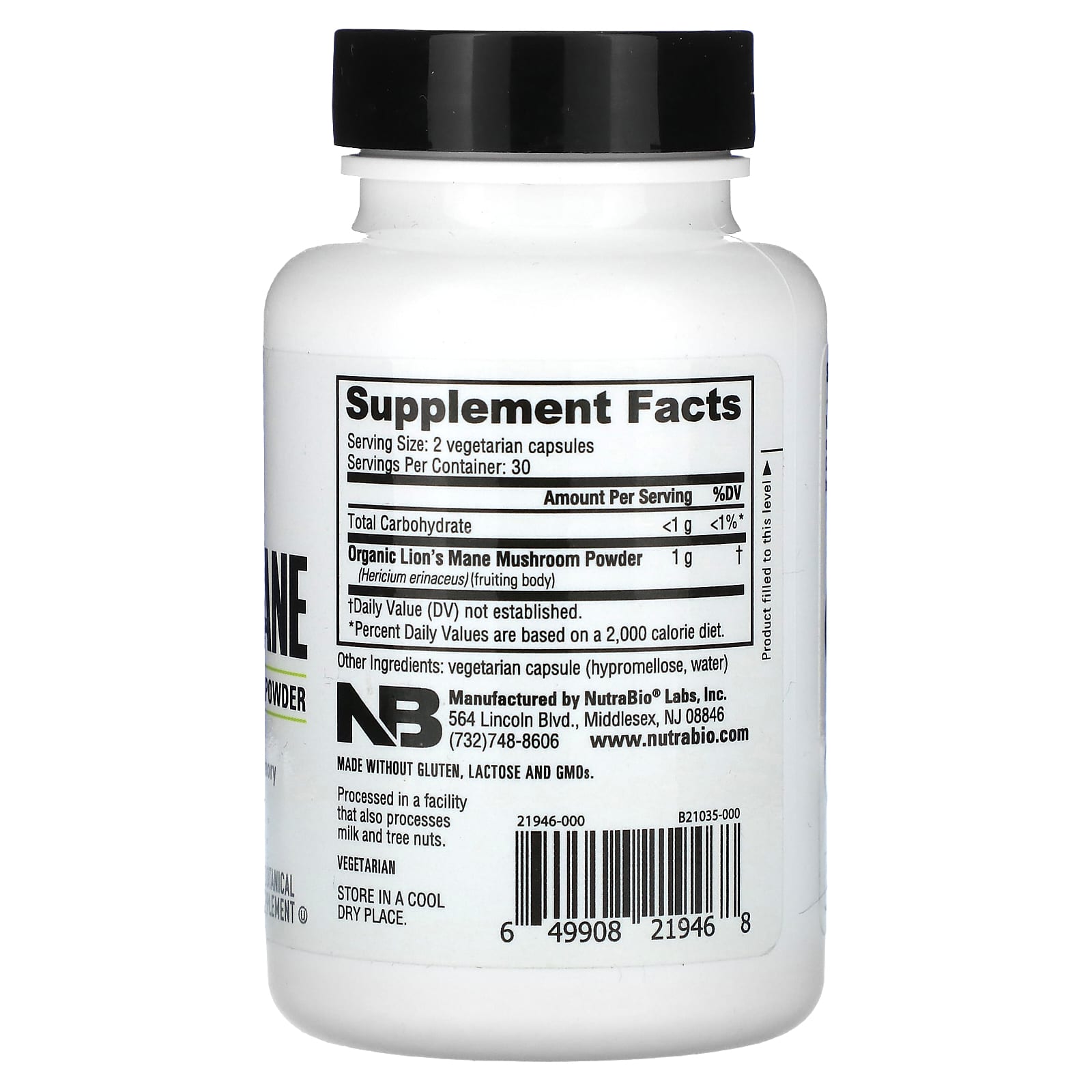 NutraBio, Organic Lions Mane, 60 Capsules (0.5 g per Capsule)