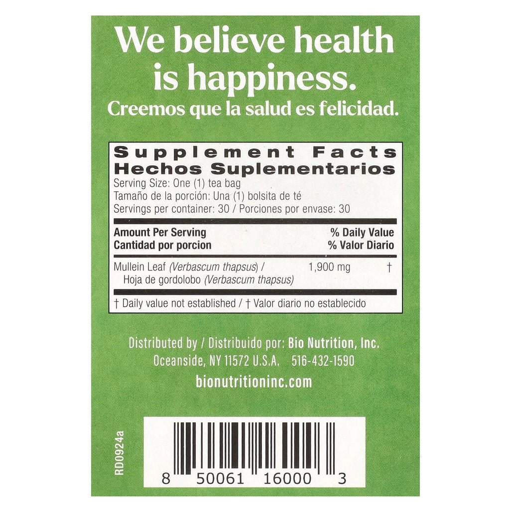 Bio Nutrition, Mullein Leaf Tea, Caffeine Free, 30 Tea Bags, 2.01 oz (57 g)