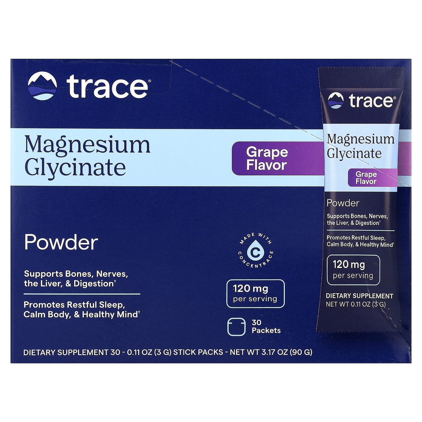 Trace, Magnesium Glycinate Powder, Grape, 30 Packets, 0.11 oz (3 g) Each