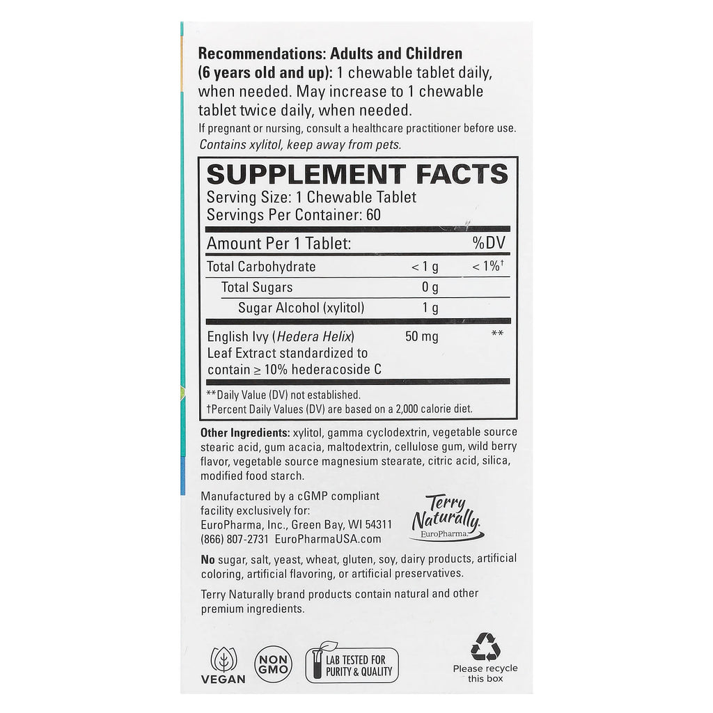 Terry Naturally, Bronchial Clear™, Ivy Leaf Extract, 60 Chewable Tablets (50 mg per Tablet)