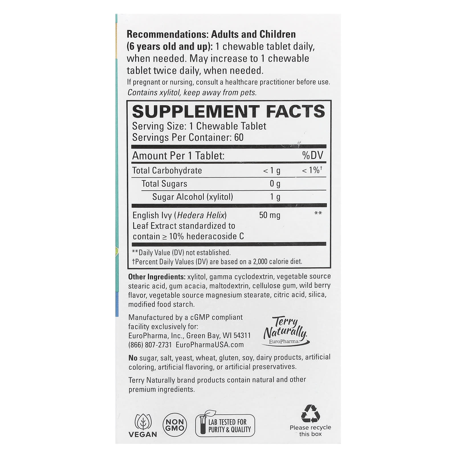 Terry Naturally, Bronchial Clear™, Ivy Leaf Extract, 60 Chewable Tablets (50 mg per Tablet)