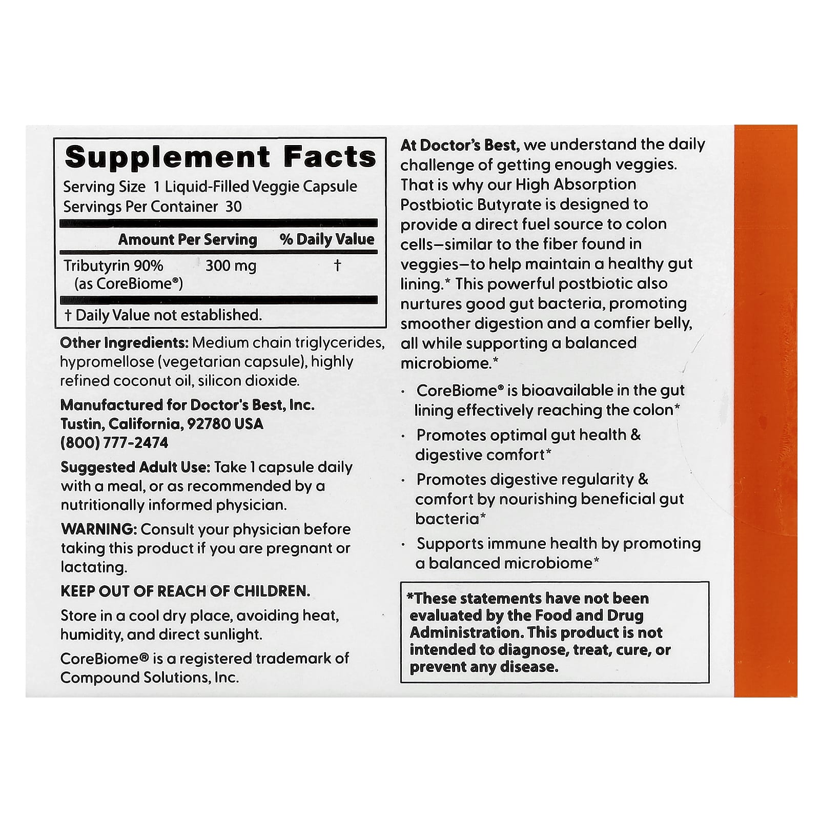 Doctor's Best, High Absorption Postbiotic Butyrate, 30 Liquid-Filled Veggie Capsules (300 mg per Capsule)