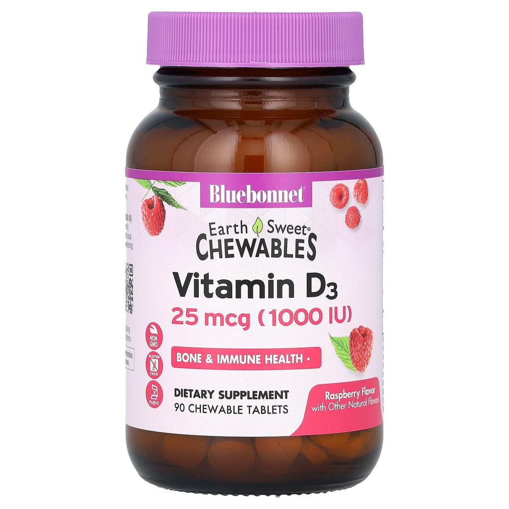 Bluebonnet Nutrition, EarthSweet® Chewables, Vitamin D3, Raspberry, 25 mcg (1,000 IU), 90 Chewable Tablets