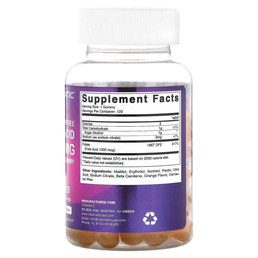 Vitamatic, Sugar Free Folic Acid, Natural Orange, 1 mg, 120 Gummies