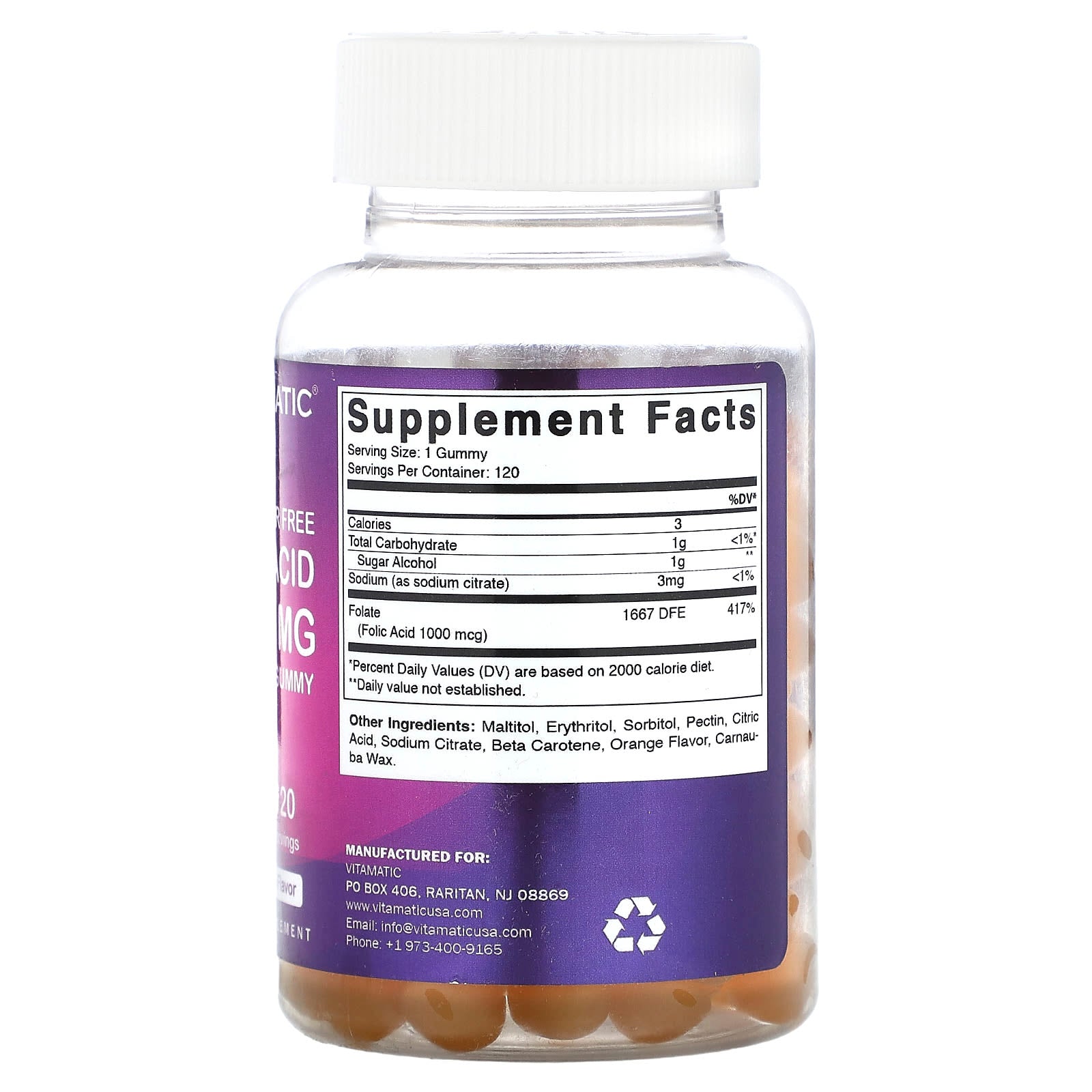 Vitamatic, Sugar Free Folic Acid, Natural Orange, 1 mg, 120 Gummies