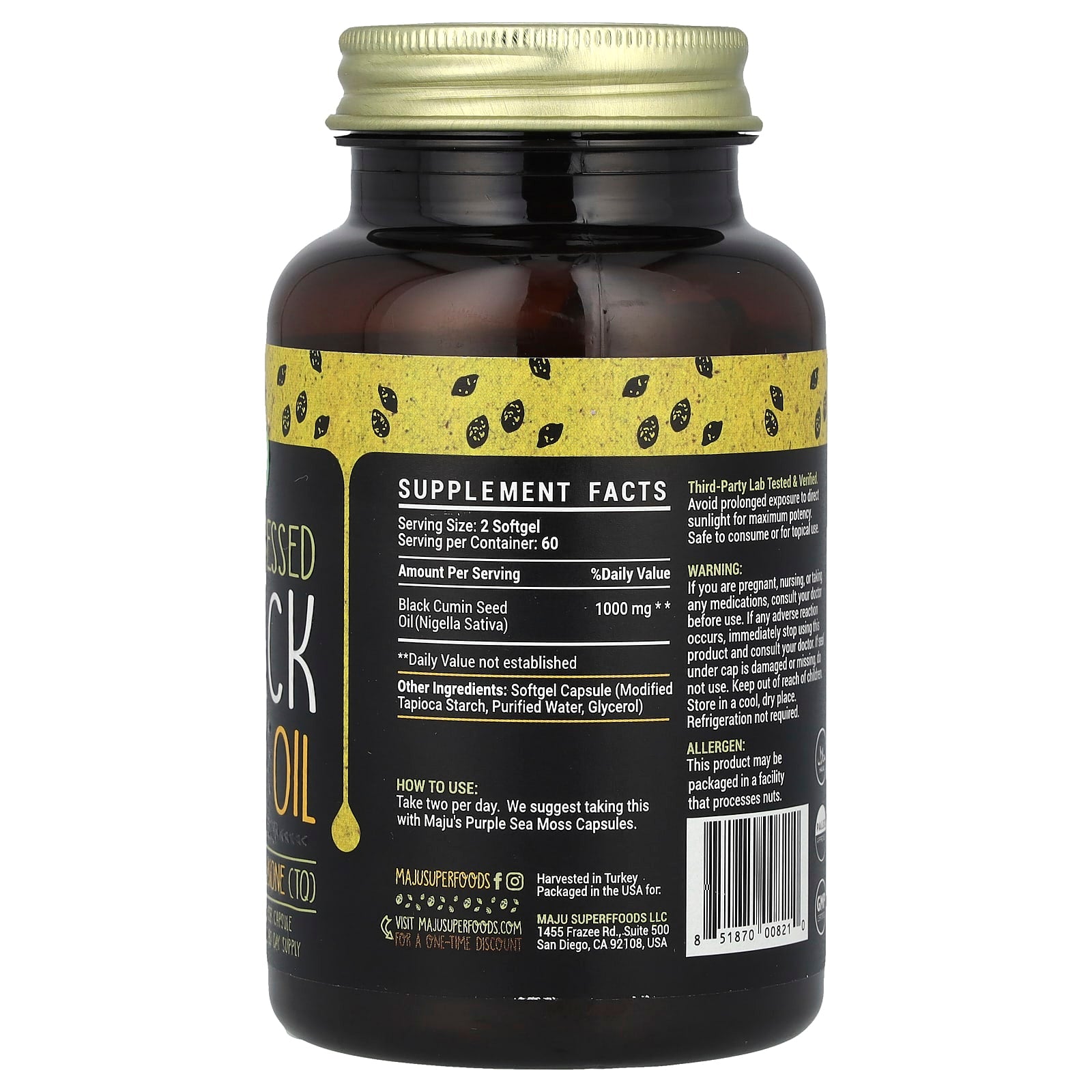 Maju Superfoods, Cold-Pressed Black Seed Oil, 500 mg, 120 Count