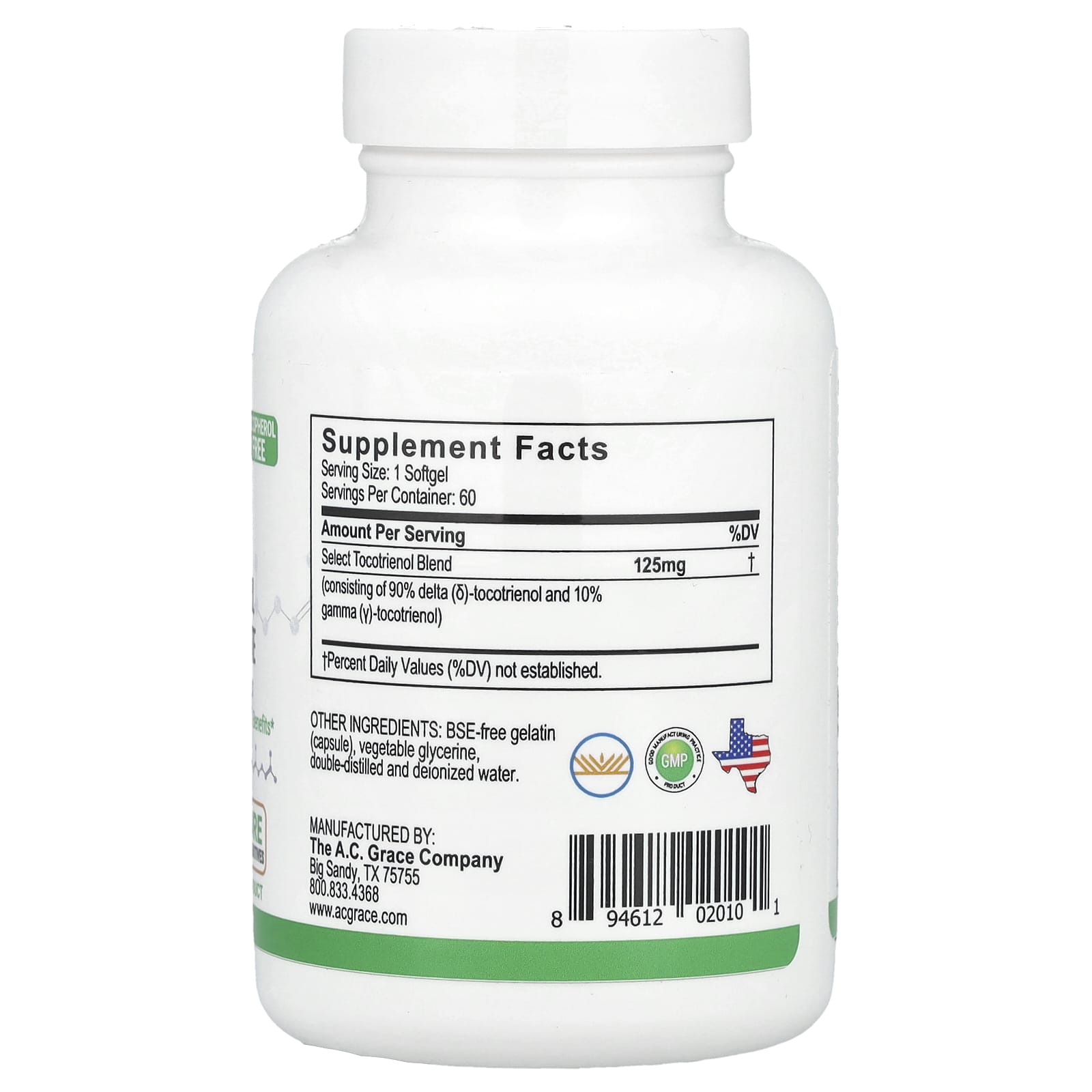 A.C. Grace Company, Unique E, Tocotrienol, 125 mg, 60 Easy To Swallow Softgels