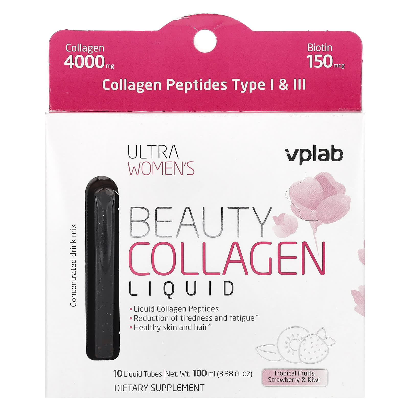 Vplab, Ultra Women's Beauty Collagen Liquid, Tropical Fruits, Strawberry & Kiwi, 10 Liquid Tubes, 3.38 fl oz (100 ml)