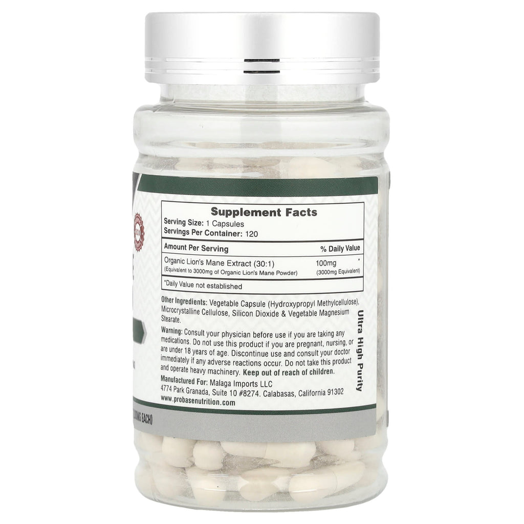Probase Nutrition, Lion's Mane Mushroom, 100 mg, 120 Capsules