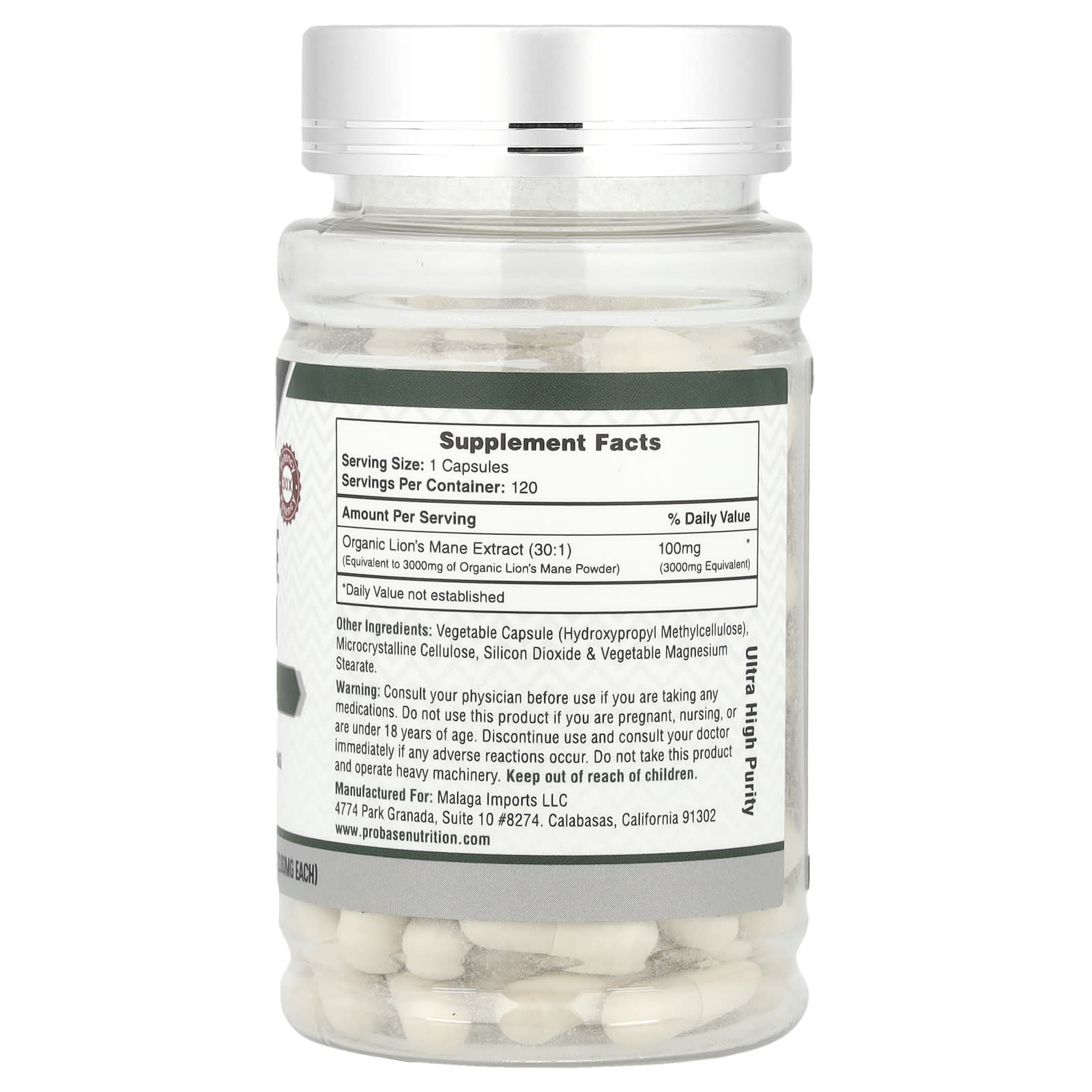 Probase Nutrition, Lion's Mane Mushroom, 100 mg, 120 Capsules