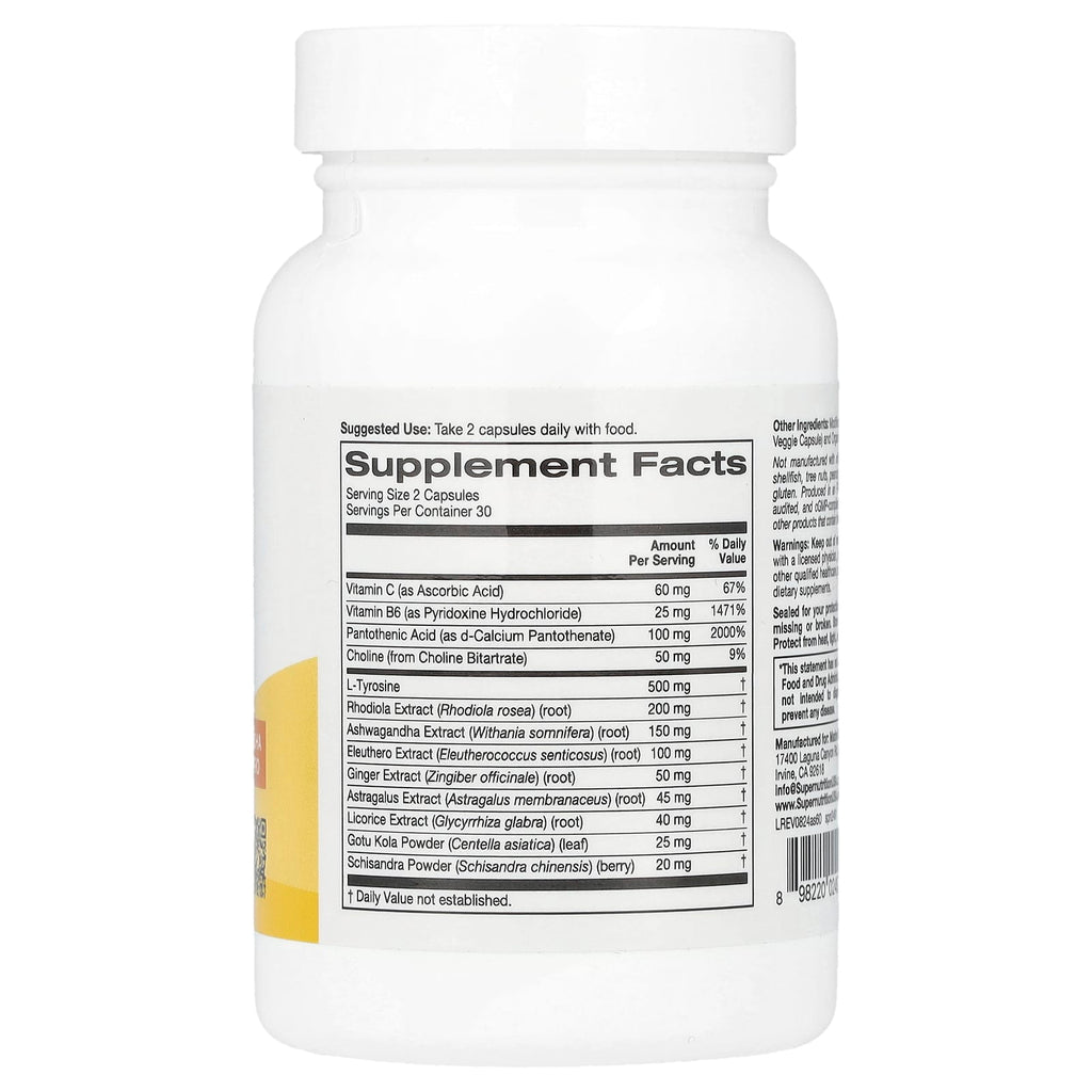 Super Nutrition, Adrenal Support with L-Tyrosine, Rhodiola Extract, Ashwagandha Extract, and Eleuthero Extract, 60 Veggie Capsules