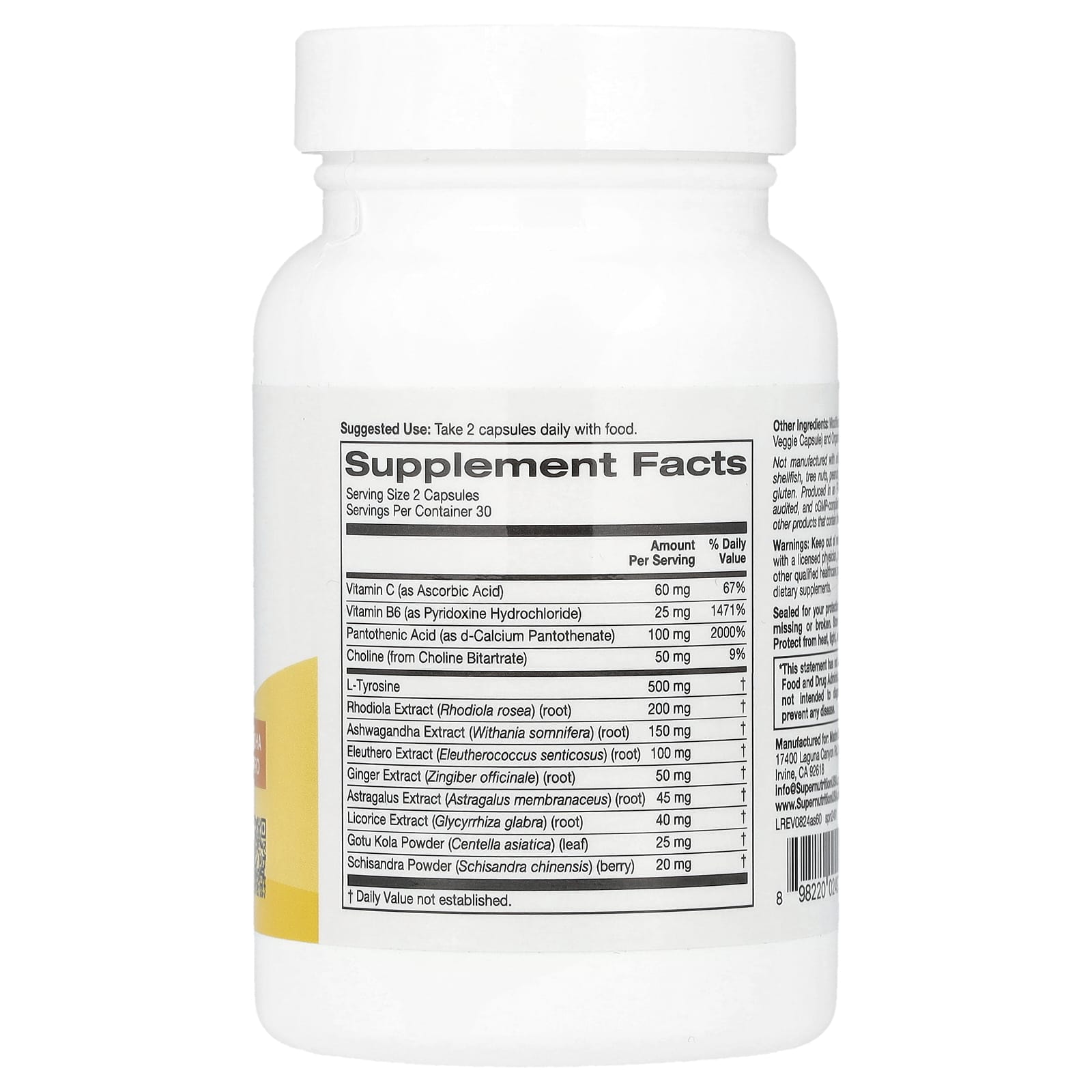 Super Nutrition, Adrenal Support with L-Tyrosine, Rhodiola Extract, Ashwagandha Extract, and Eleuthero Extract, 60 Veggie Capsules