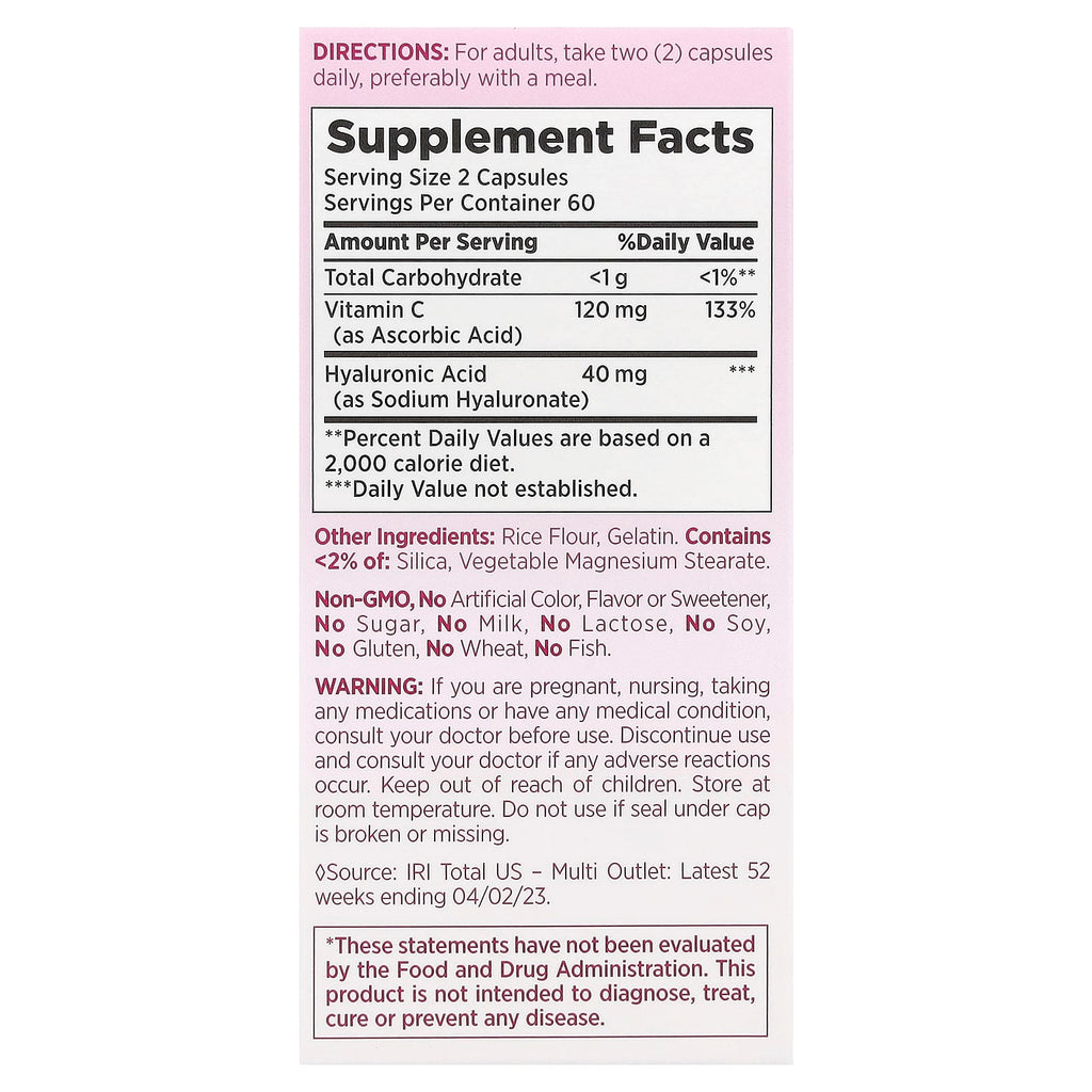 Nature's Bounty, Optimal Solutions®, Hyaluronic Acid Plus Vitamin C, 120 Capsules