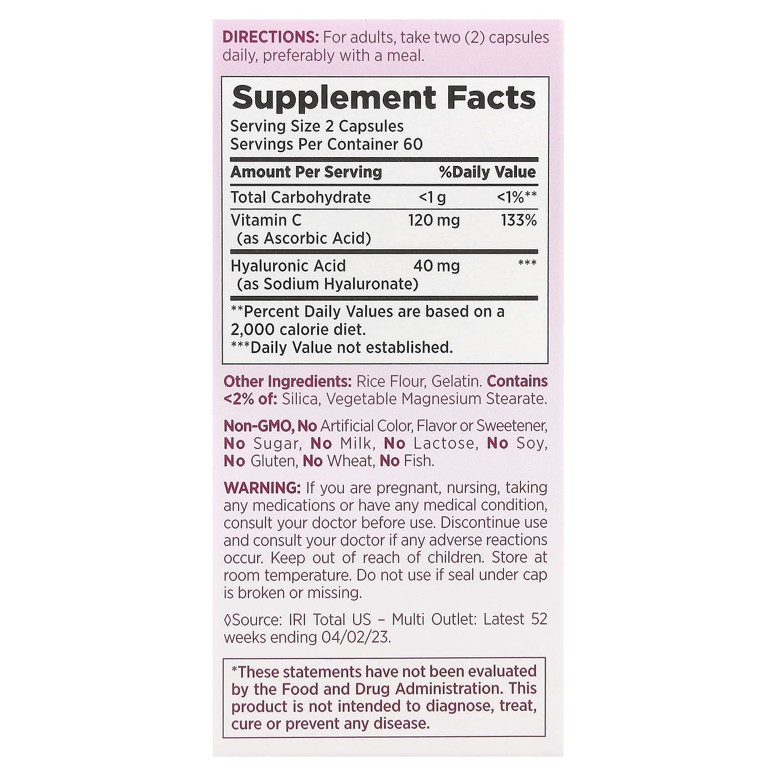 Nature's Bounty, Optimal Solutions®, Hyaluronic Acid Plus Vitamin C, 120 Capsules