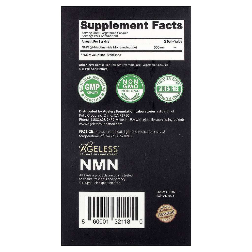 Ageless Foundation Laboratories, NMN, 500 mg, 90 Veg Capsules
