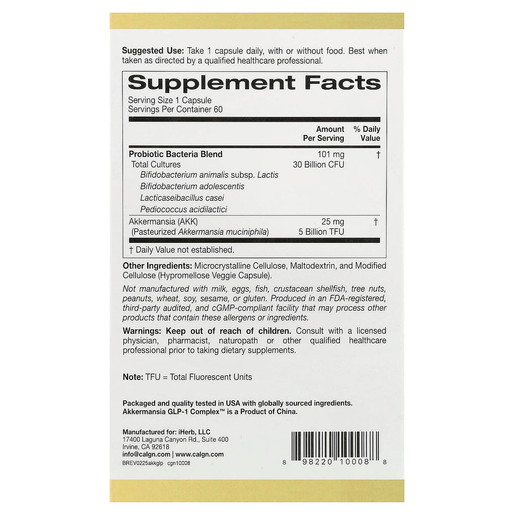 California Gold Nutrition, Akkermansia + Probiotics GLP-1 Complex, 60 Veggie Capsules