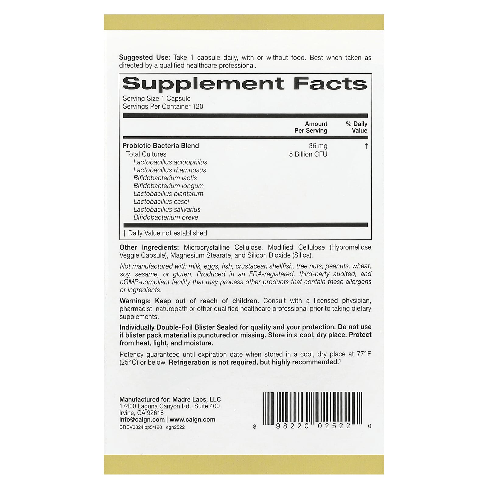 California Gold Nutrition, LactoBif® 5 Probiotics, 5 Billion CFU, 120 Veggie Capsules