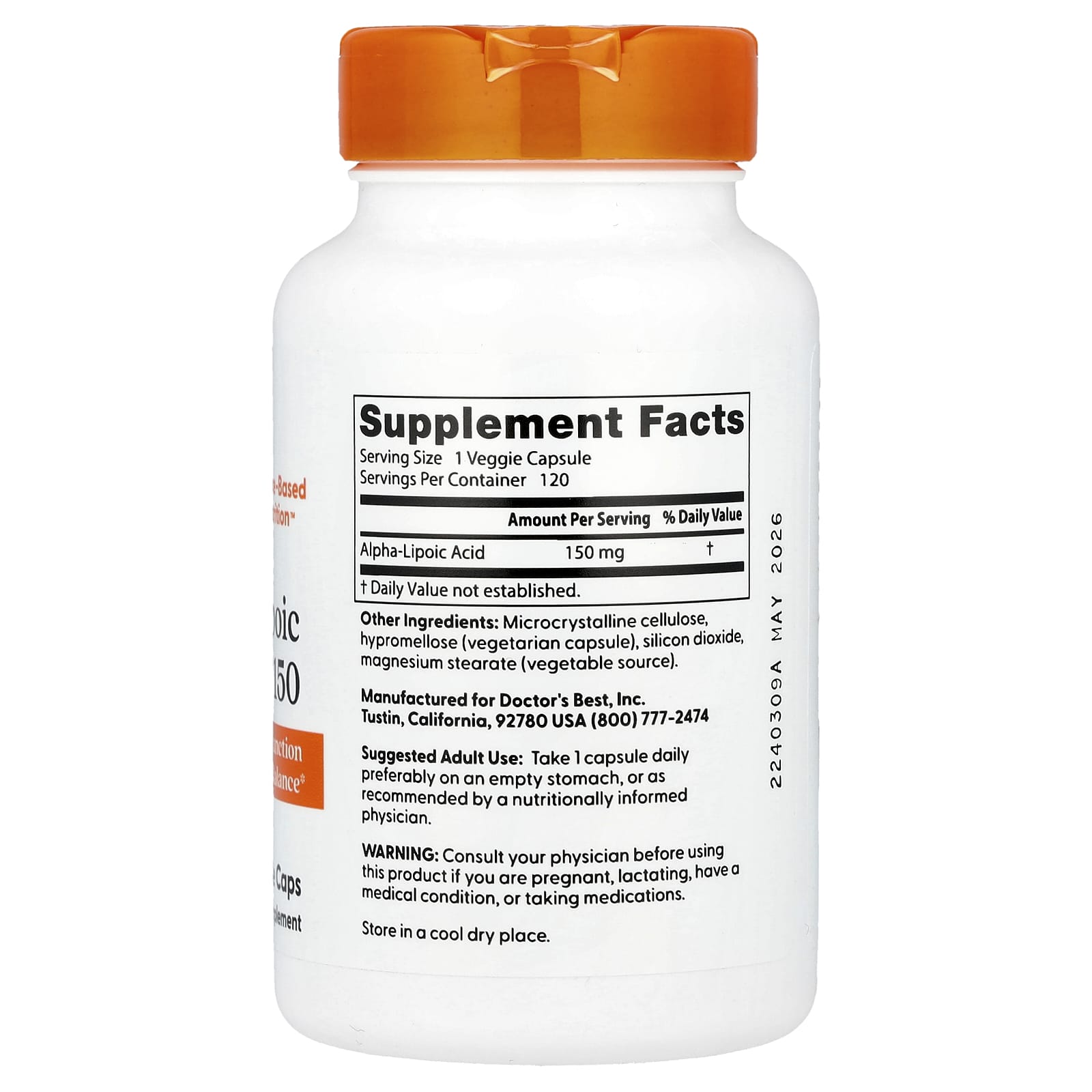 Doctor's Best, Alpha-Lipoic Acid 150, 150 mg, 120 Veggie Caps