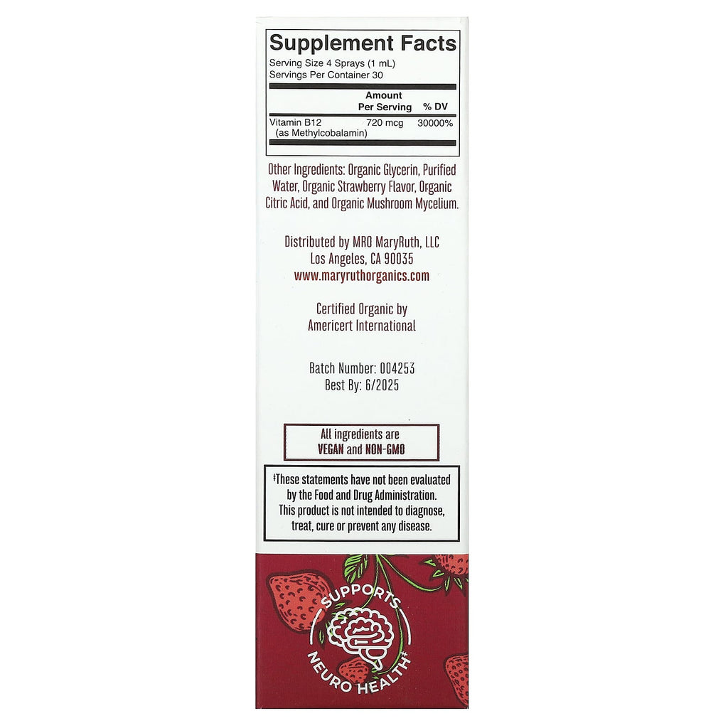 MaryRuth's, Organic Methyl B12 Liquid Spray, Strawberry, 720 mcg, 1 fl oz (30 ml)