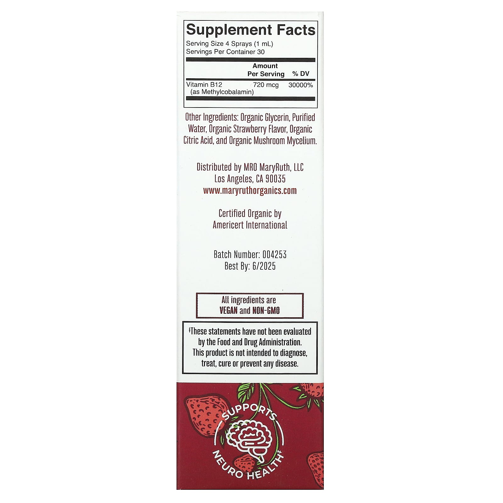 MaryRuth's, Organic Methyl B12 Liquid Spray, Strawberry, 720 mcg, 1 fl oz (30 ml)