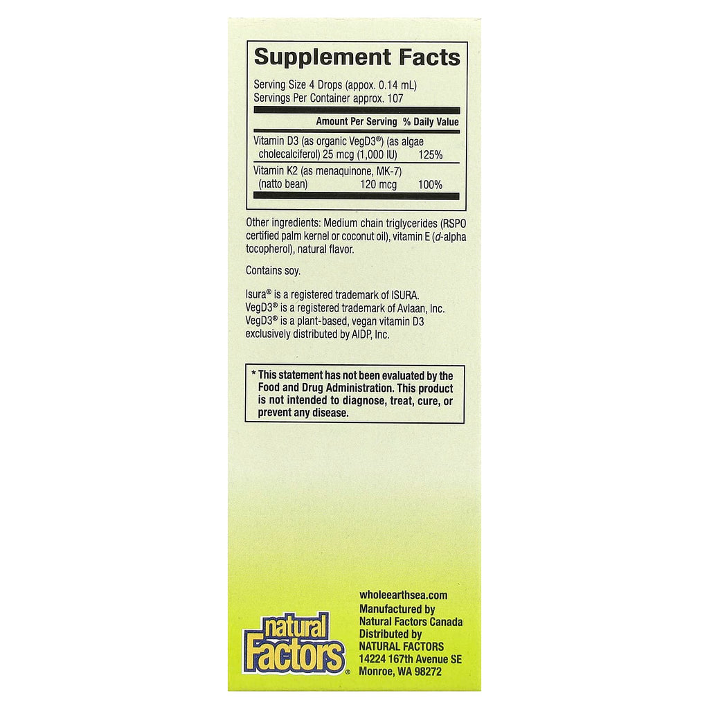 Natural Factors, Whole Earth Sea®, 100% Vegan Vitamin D3 & K2, 0.5 fl oz (15 ml)