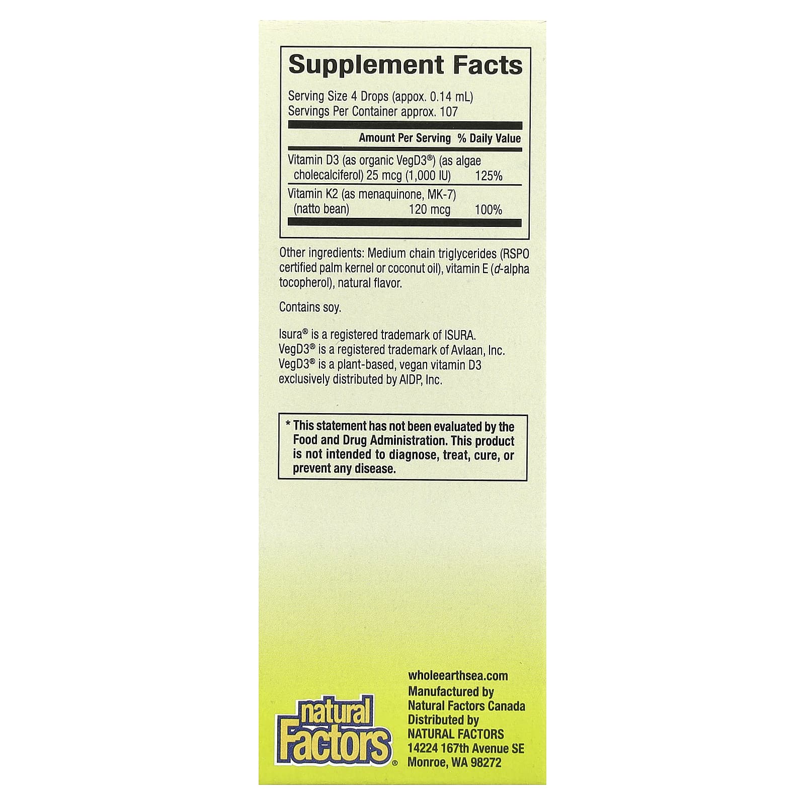 Natural Factors, Whole Earth Sea®, 100% Vegan Vitamin D3 & K2, 0.5 fl oz (15 ml)