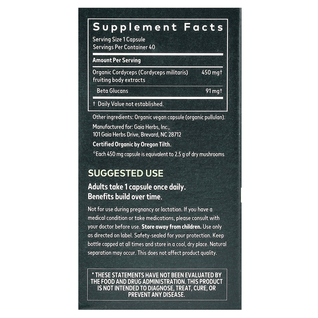 Gaia Herbs, Cordyceps Mushroom, 40 Vegan Capsules