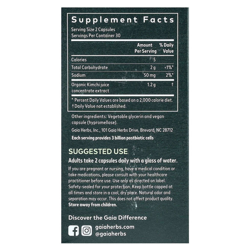 Gaia Herbs, Kimchi Postbiotic, 60 Vegan Liquid Phyto-Caps (0.6 g per Capsule)