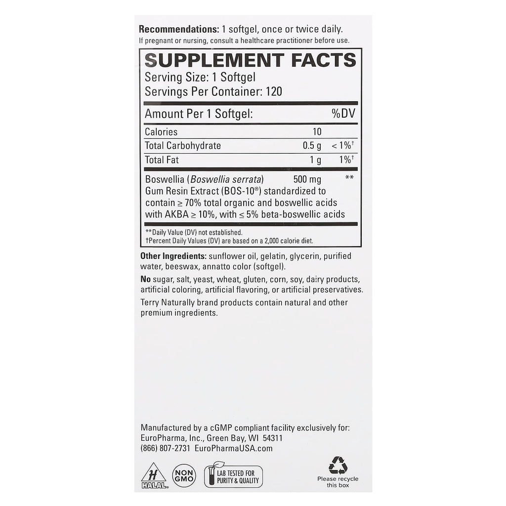 Terry Naturally, BosMed 500, Advanced Boswellia, 500 mg, 120 Softgels