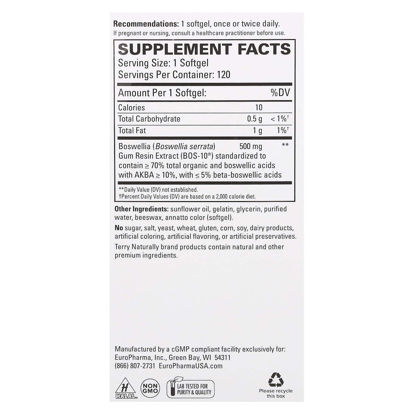 Terry Naturally, BosMed 500, Advanced Boswellia, 500 mg, 120 Softgels