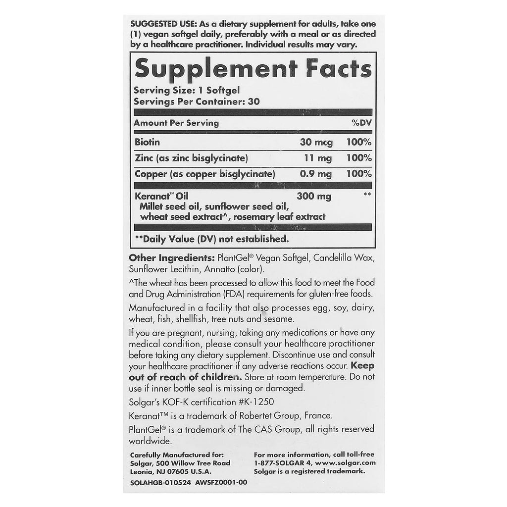 Solgar, Age-Defying Nutrition, Hair Growth, 30 Vegan Softgels