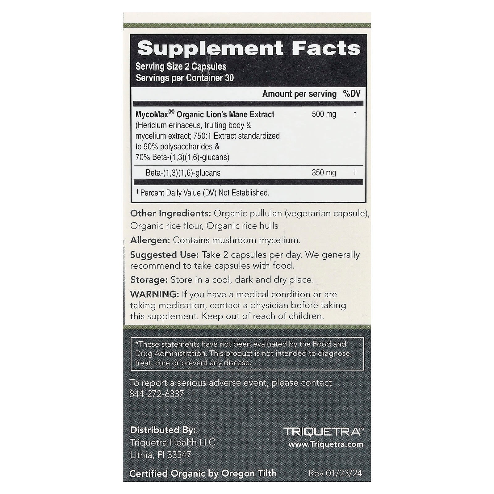 Triquetra Health, MycoMax®, Lion's Mane Extract, Maximum Strength , 60 Capsules (250 mg per Capsule)