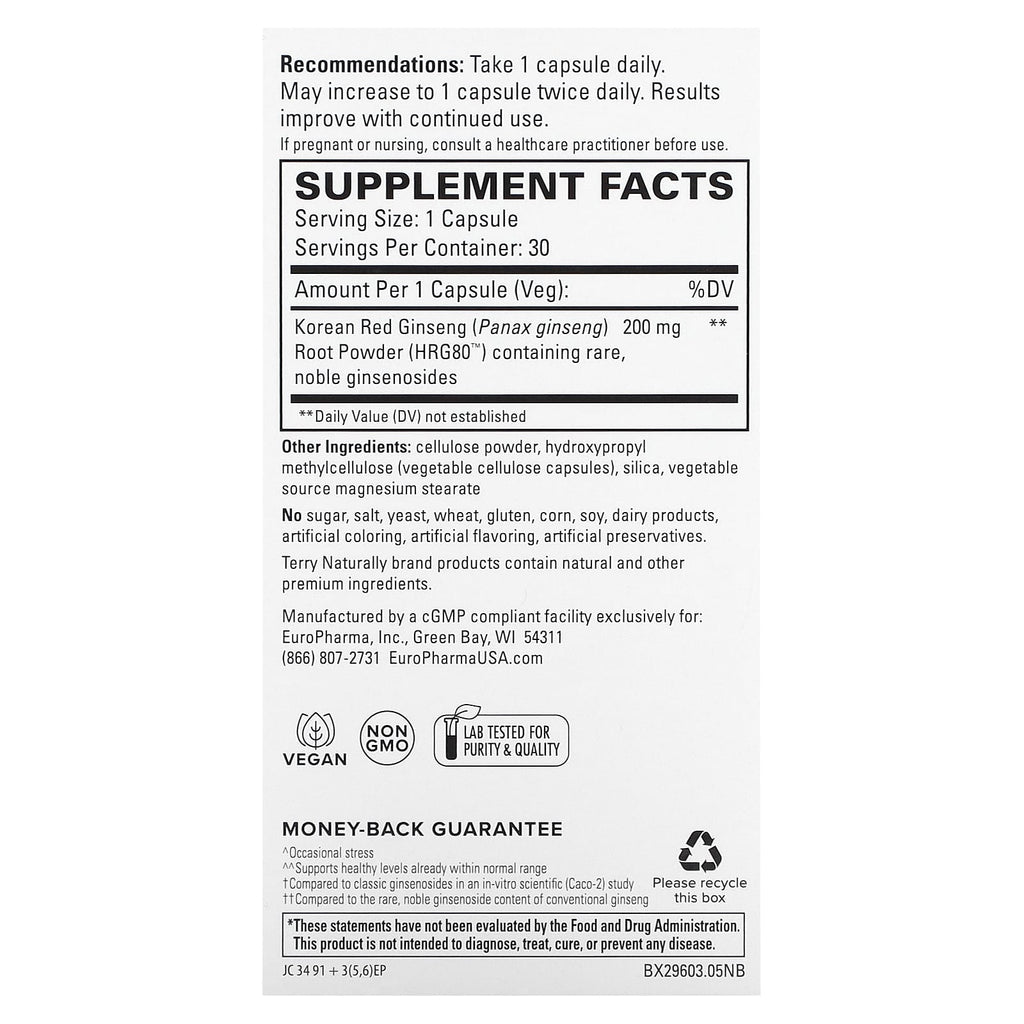 Terry Naturally, HRG80 Red Ginseng Energy, 30 Capsules (200 mg per Capsule)