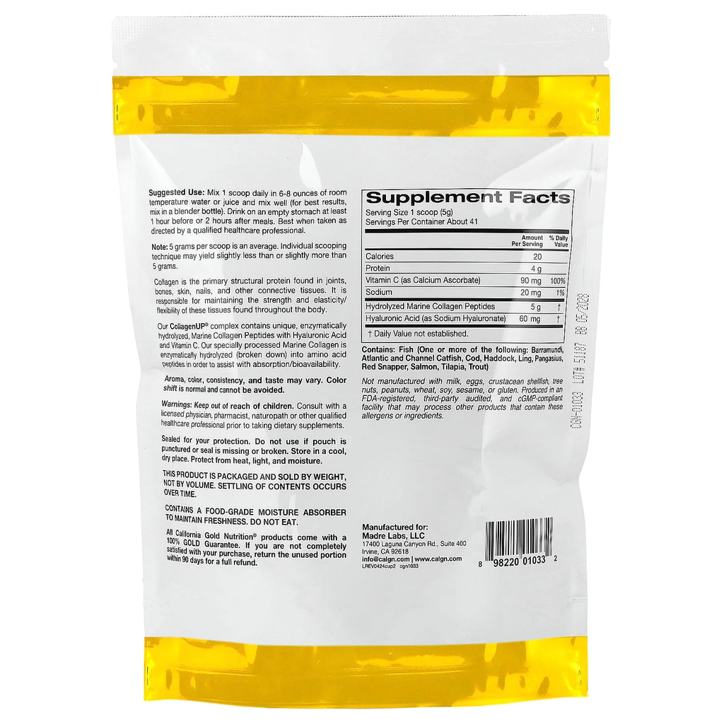 California Gold Nutrition, CollagenUP®, Hydrolyzed Marine Collagen Peptides with Hyaluronic Acid and Vitamin C, Unflavored, 7.26 oz (206 g)