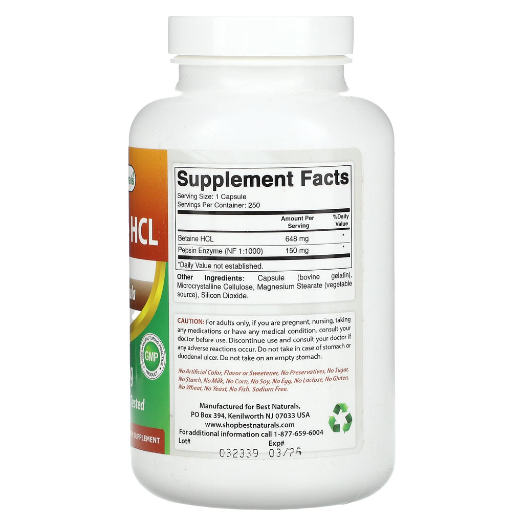 Best Naturals, Betaine HCL, 648 mg, 250 Capsules