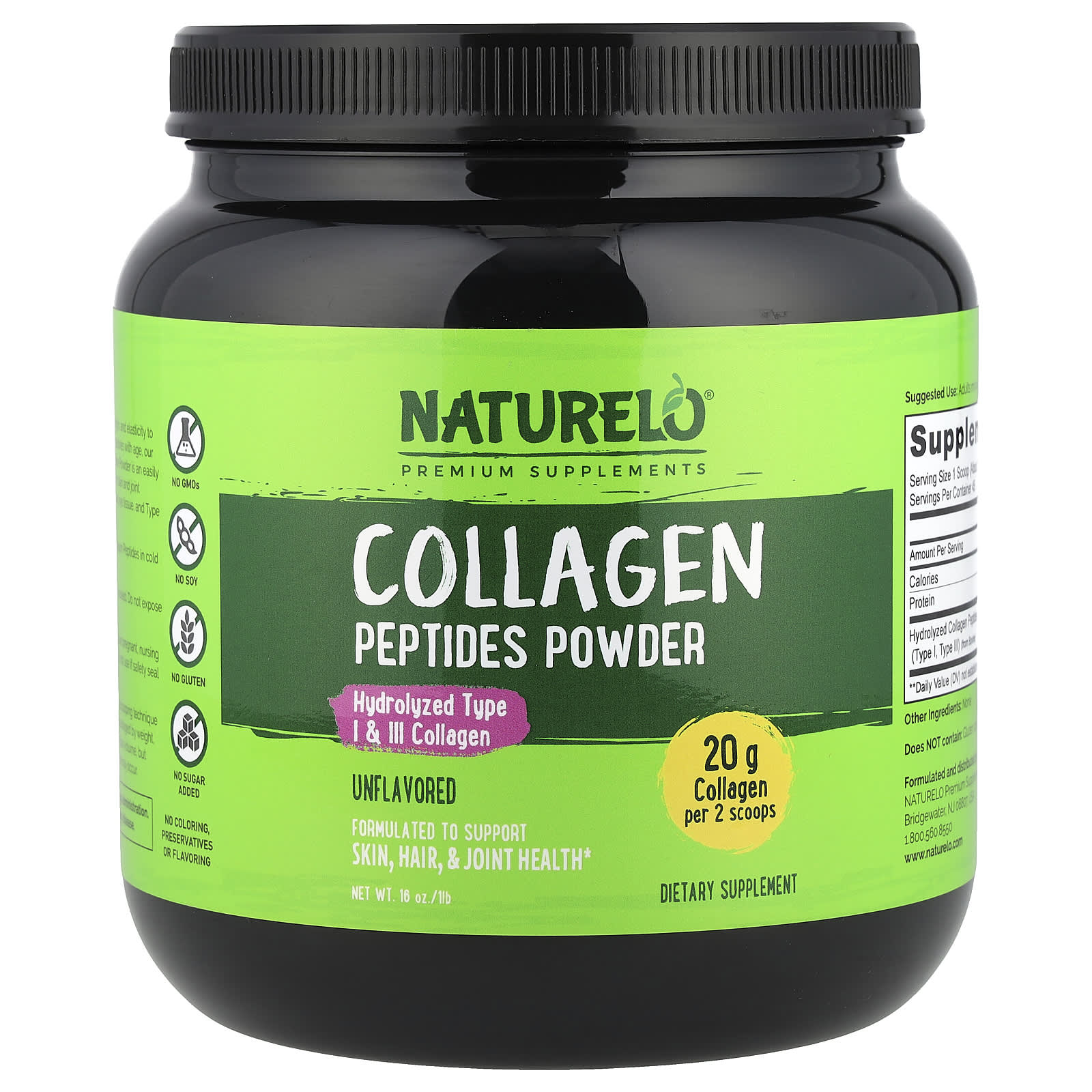 NATURELO, Collagen Peptides Powder, Unflavored, 1 lb (16 oz)