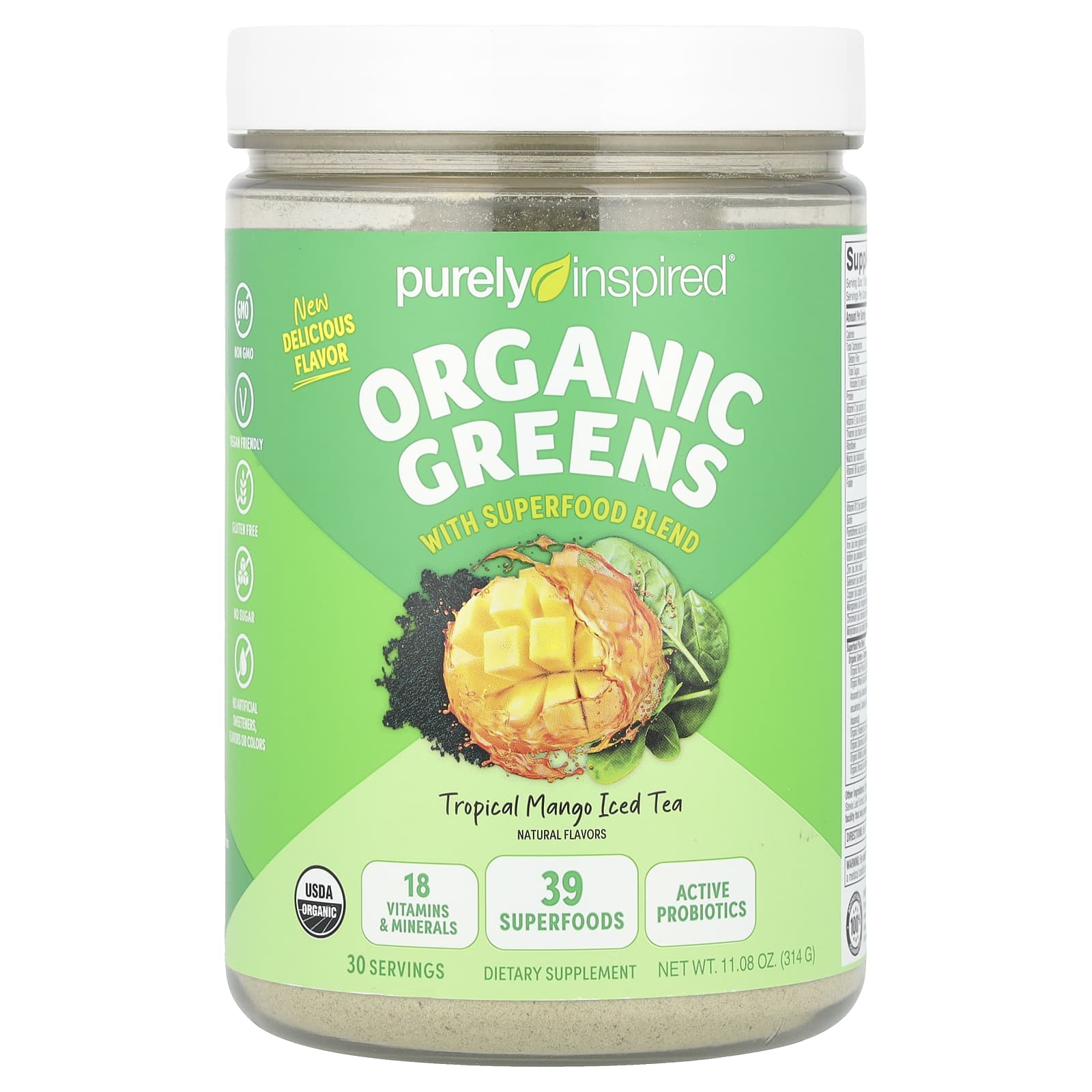 Purely Inspired, Organic Greens with Superfood Blend, Tropical Mango Iced Tea, 11.08 oz (314 g)