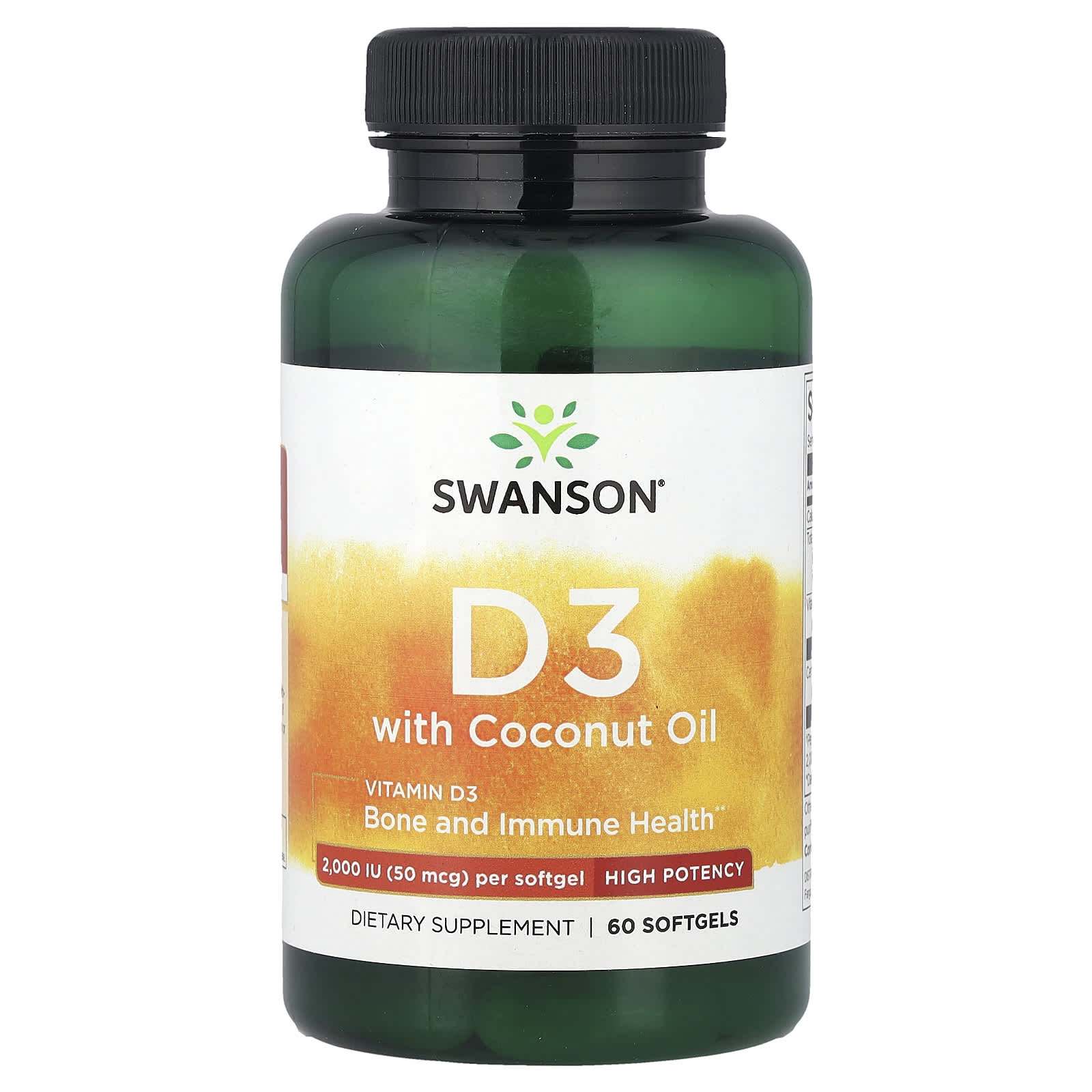 Swanson, Vitamin D3 with Coconut Oil, High Potency, 50 mcg (2,000 IU), 60 Softgels
