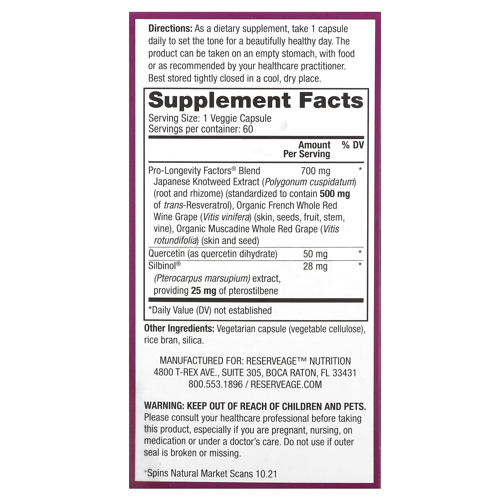 Reserveage Beauty, Resveratrol with Pterostilbene , 500 mg, 60 Veggie Capsules