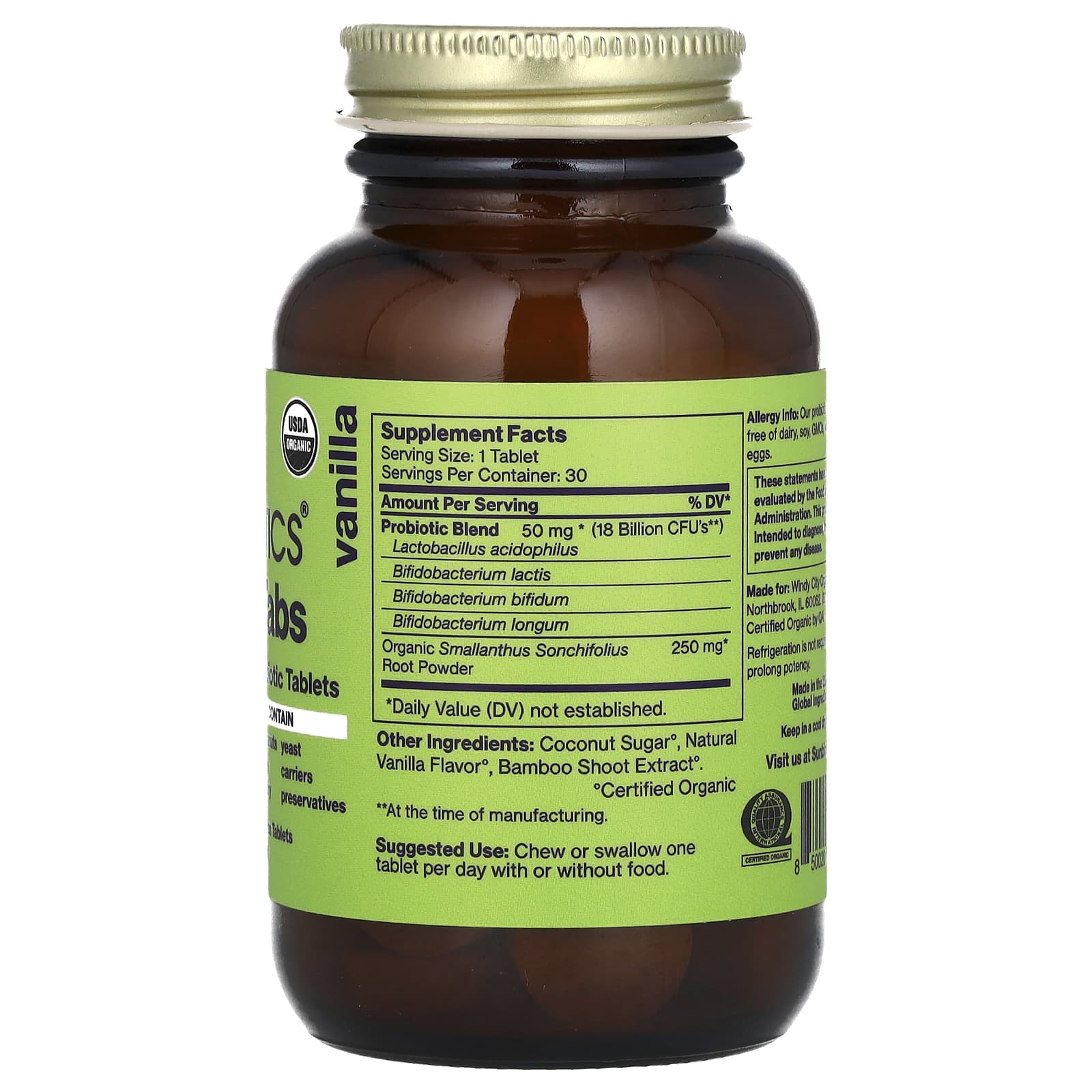 Sunbiotics, Tummy Tabs, Chewable Probiotic + Prebiotic, Vanilla, 30 Vegetarian Tablets