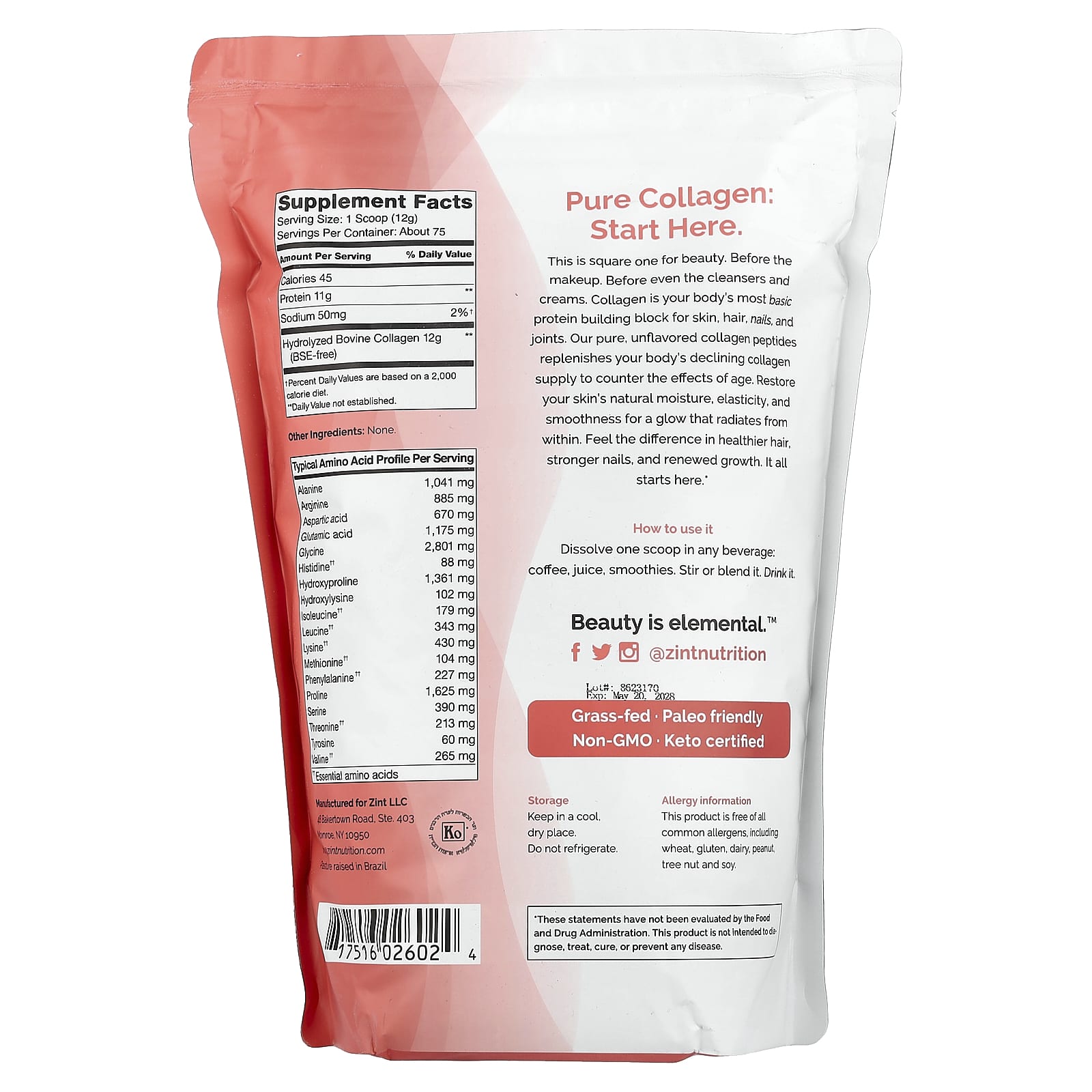 Zint, Pure Grass-Fed Collagen Peptides, Unflavored, Bag, 32 oz (907 g)