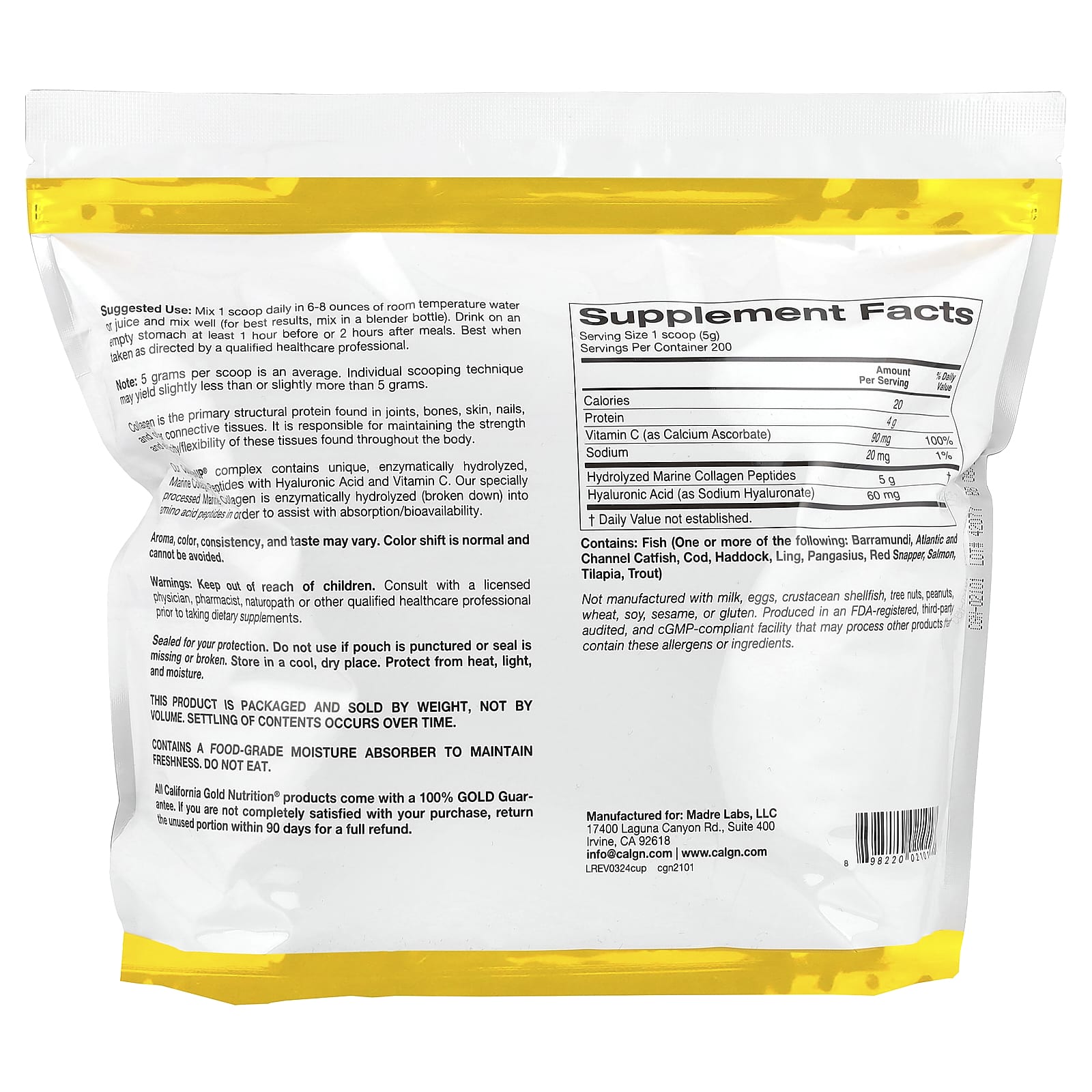 California Gold Nutrition, CollagenUP®, Hydrolyzed Marine Collagen Peptides with Hyaluronic Acid and Vitamin C, Unflavored, 2.2 lb (1 kg)