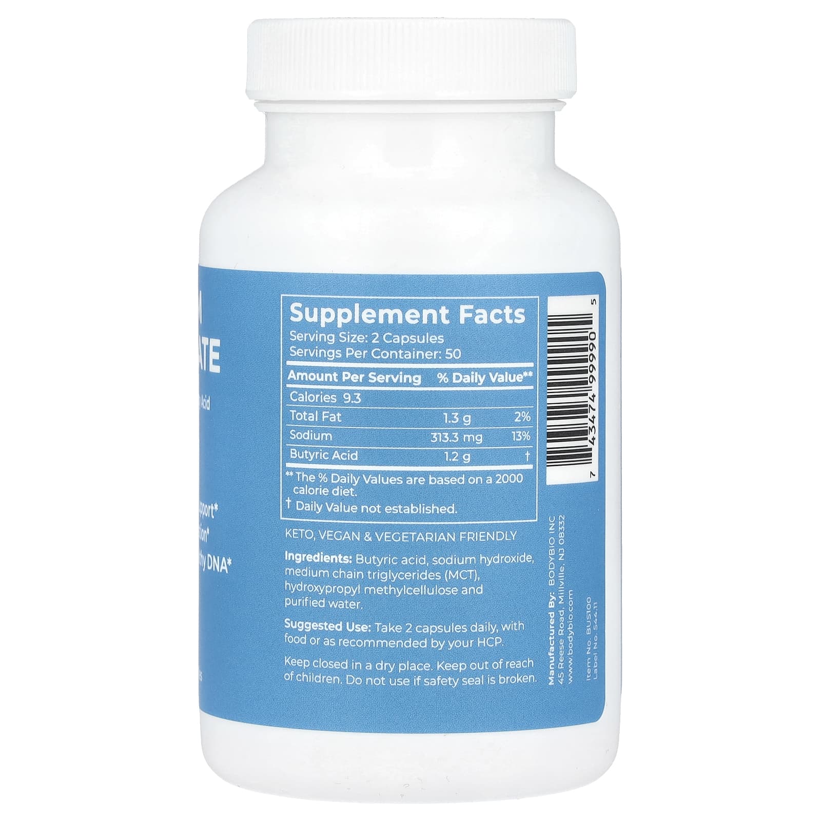BodyBio, Sodium Butyrate, 100 Non-GMO Capsules