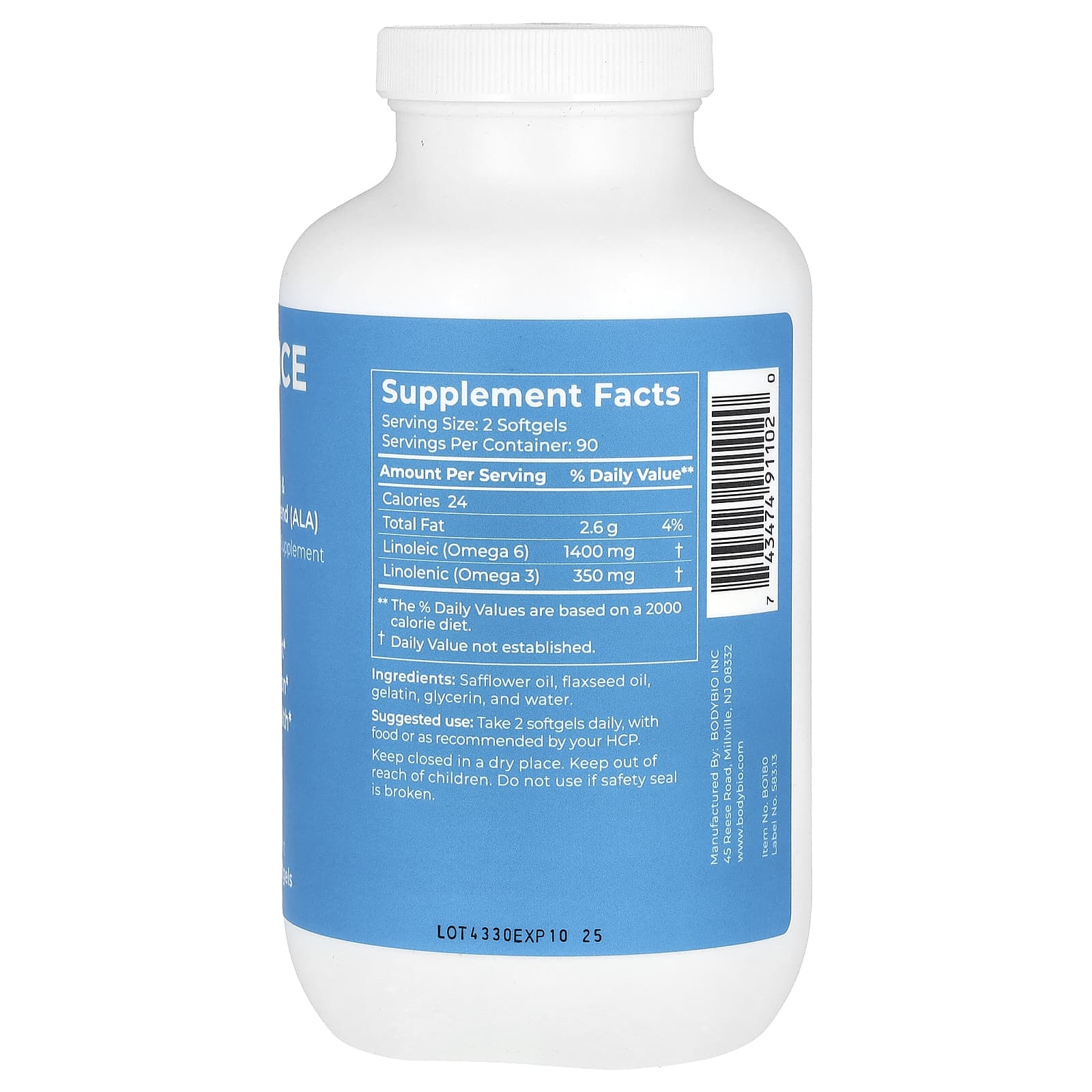 BodyBio, Balance Oil, Linoleic Acid (LA) & Linolenic Acid Blend (ALA), 180 Softgels