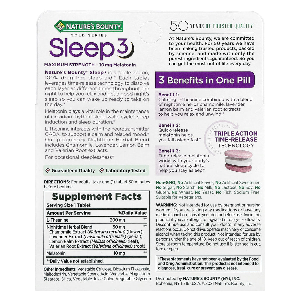 Nature's Bounty, Gold Series, Sleep 3, Maximum Strength, 30 Tri-Layered Tablets