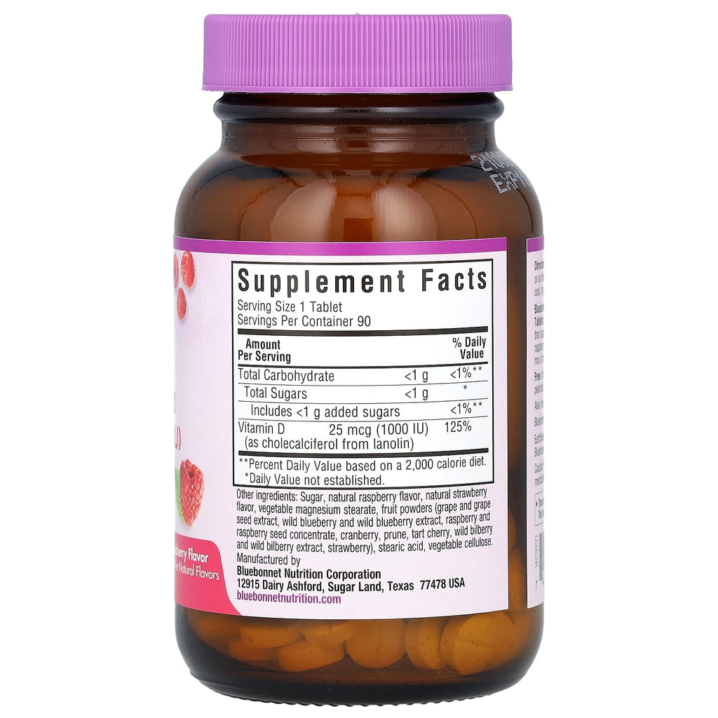 Bluebonnet Nutrition, EarthSweet® Chewables, Vitamin D3, Raspberry, 25 mcg (1,000 IU), 90 Chewable Tablets