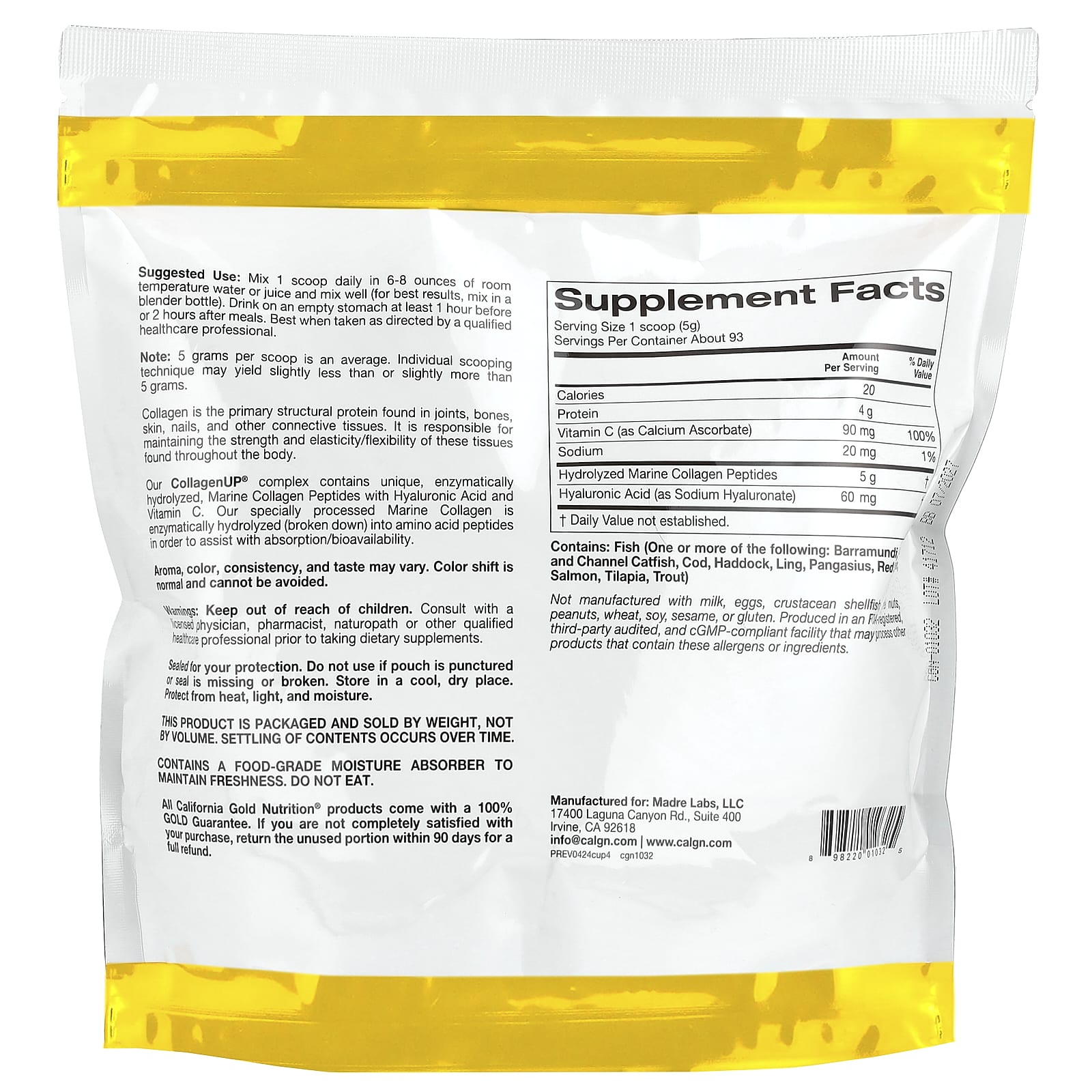 California Gold Nutrition, CollagenUP®, Hydrolyzed Marine Collagen Peptides with Hyaluronic Acid and Vitamin C, Unflavored, 1.02 lb (464 g)