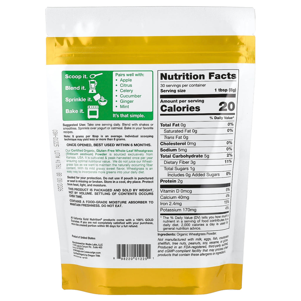 California Gold Nutrition, Superfoods, Organic Wheat Grass Powder, 8.5 oz (240 g)