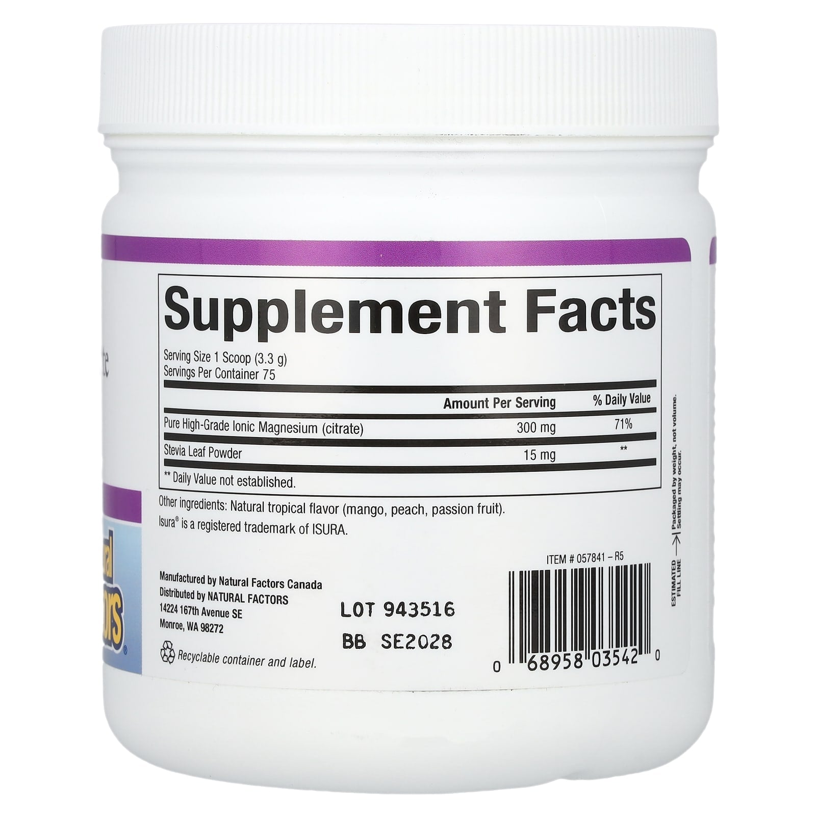 Natural Factors, Magnesium Citrate, Tropical Drink Mix, 8.8 oz (250 g)