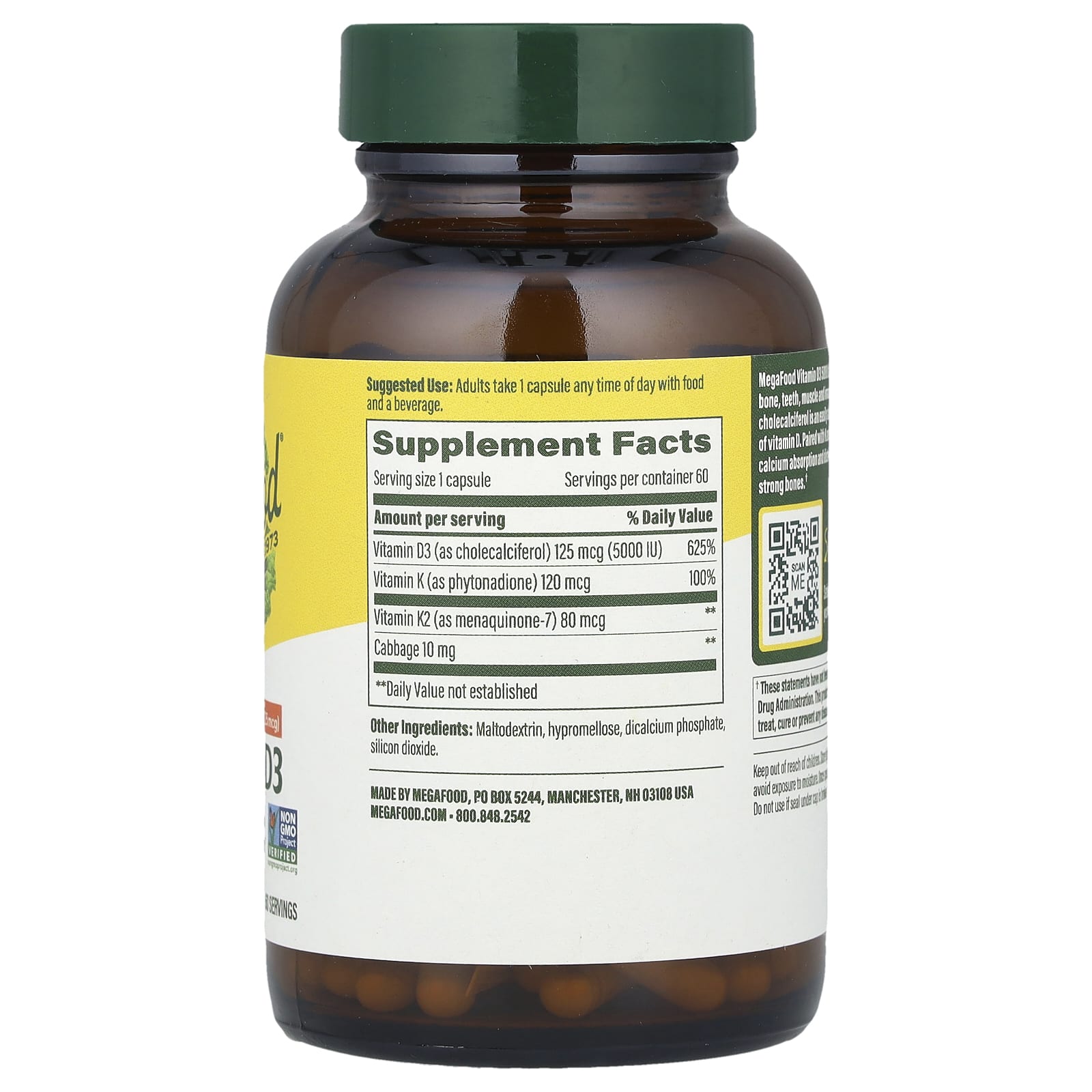 MegaFood, Vitamin D3, 125 mcg (5,000 IU), 60 Mini Capsules